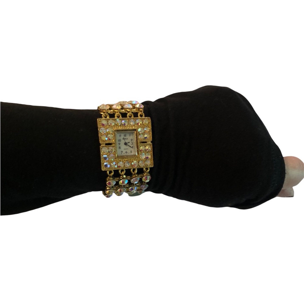 Vintage Bora Quartz Watch Square Face w Individually set Rhinestones Gold Links - Picture 9 of 12